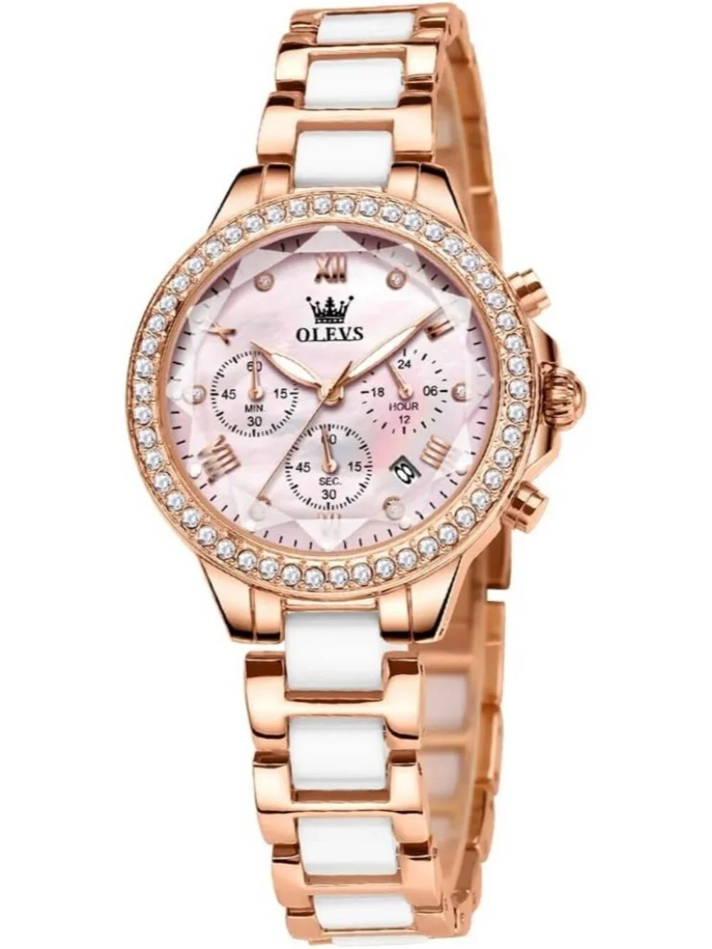 Olevs Women's Pink Skeleton Diamond Rose Gold Automatic Elegant Luxury Watch